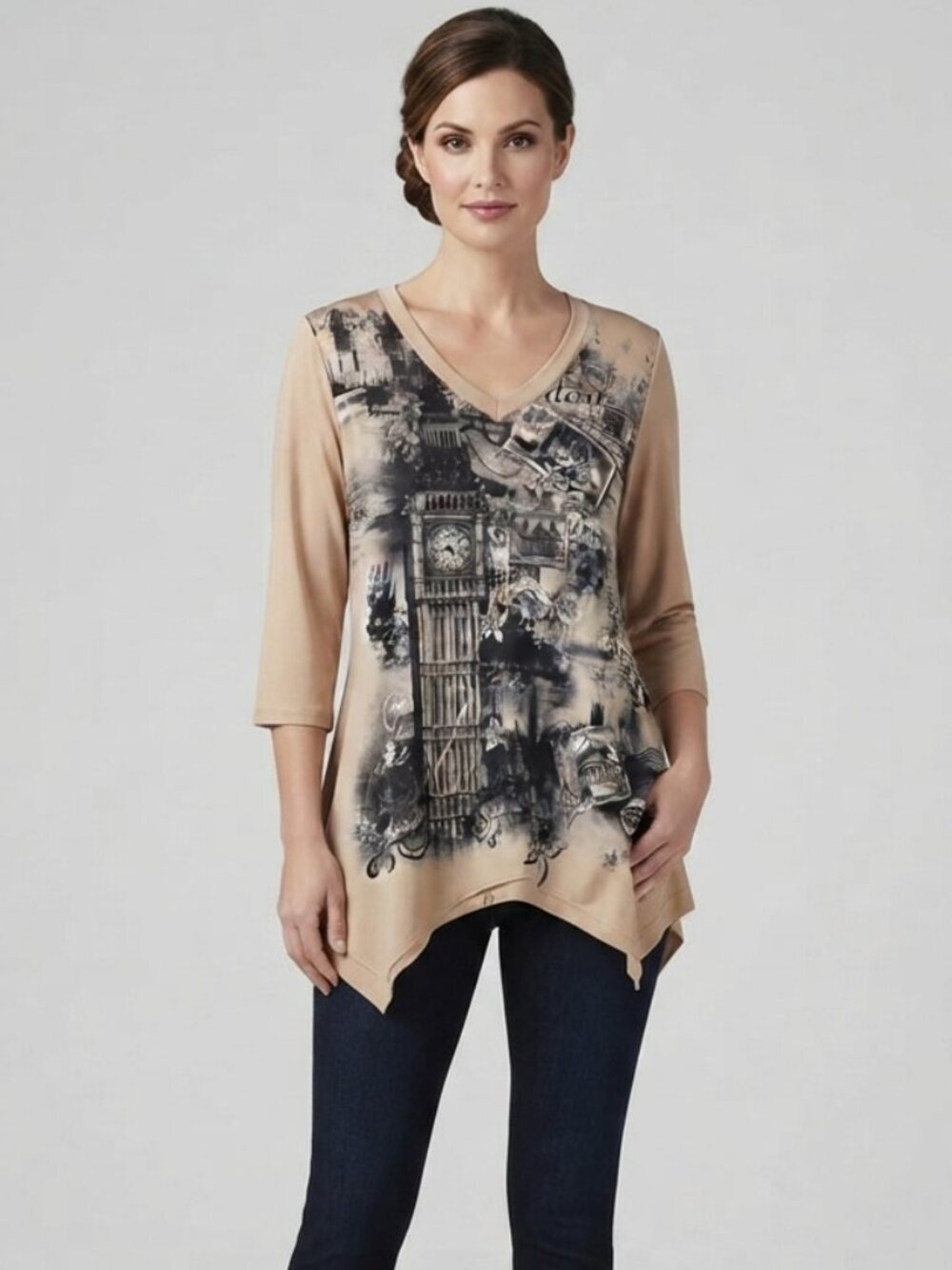 Lavish Plus 1X London Graphic Boho Artsy Travel V-Neck Beige Tunic Top